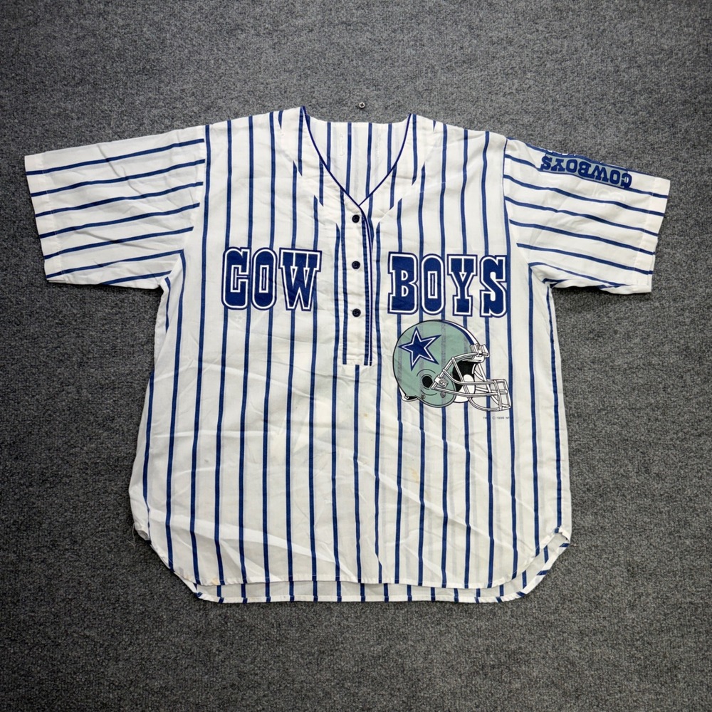 Vintage 1996 Dallas Cowboys Pinstripe Baseball Jersey Mens Blue White XL 90s NFL